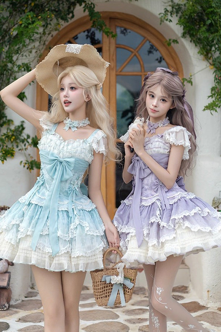 Emerald Short Sleeve Multi-Layer Ruffle Embroidery Bow Lace-Up Sweet Elegant Ballet Lolita Jumper Dress