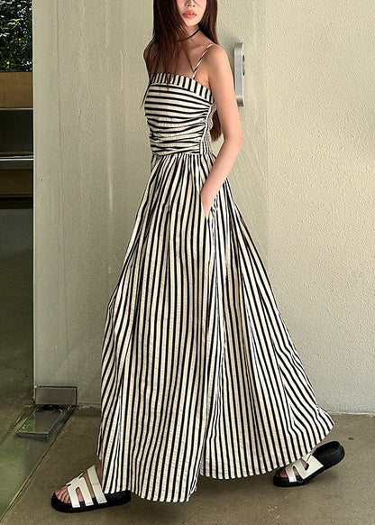 Urlaubsstil Schwarz Gestreiftes Spaghettiträgerkleid Sommer EE038 