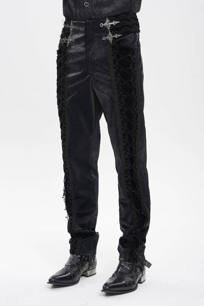 Embroidered Lace-Up Spliced Gothic Trousers for Men