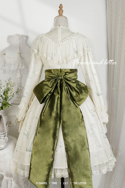 Floral Print Sweet Lolita OP Dress with Ruffled Lantern Sleeves & Lace Round Collar, Cream