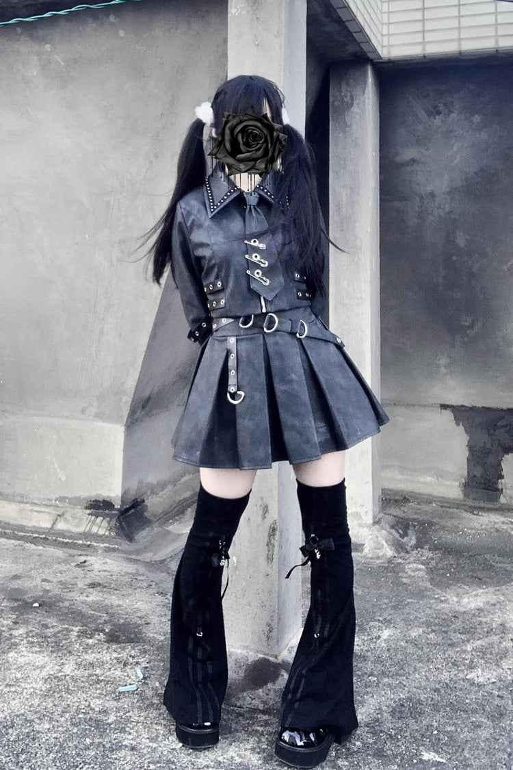 Japanese Handsome Top and Skirt Set with Studded Eyelet in Black