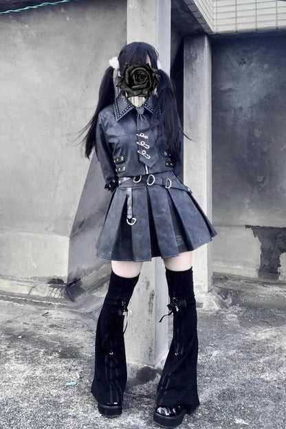 Japanese Handsome Top and Skirt Set with Studded Eyelet in Black