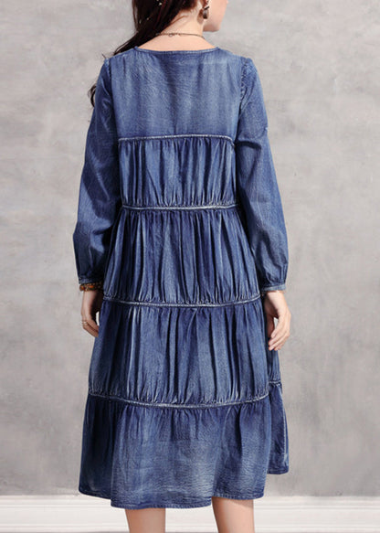 Casual Blue V Neck Wrinkled Patchwork Denim Long Dress Long Sleeve NN018