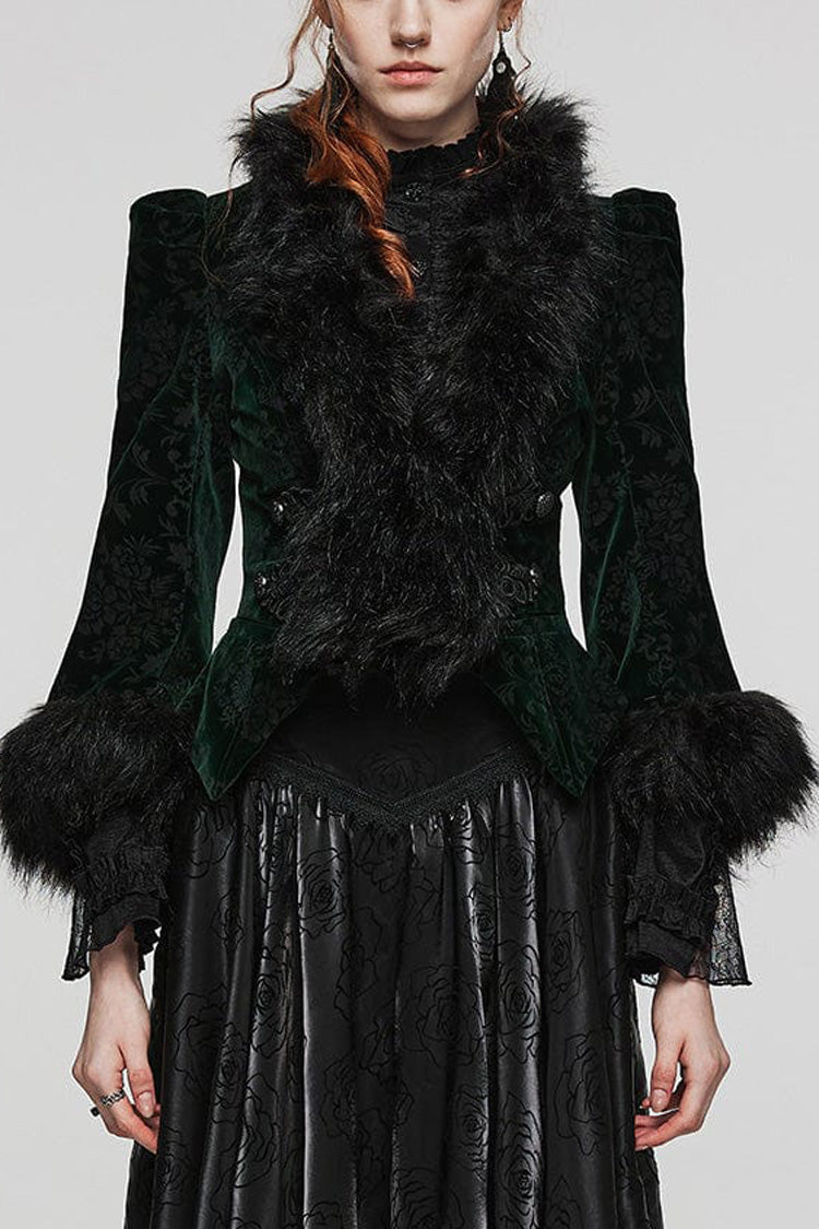 Women's V-Neck Long Sleeve Faux Fur Stitch Gothic Coat Four Shades