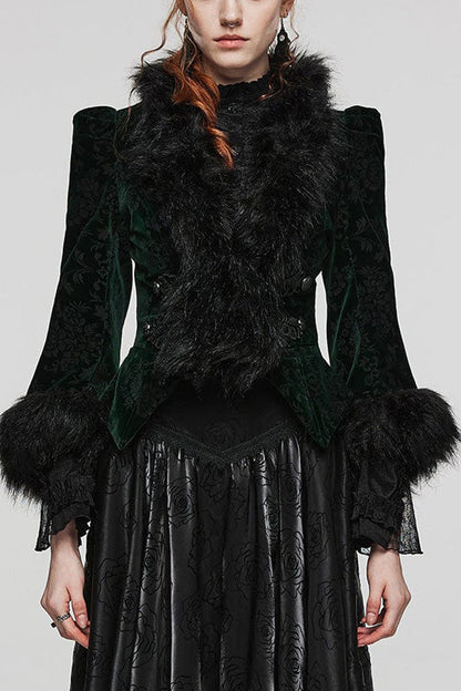 Women's V-Neck Long Sleeve Faux Fur Stitch Gothic Coat Four Shades