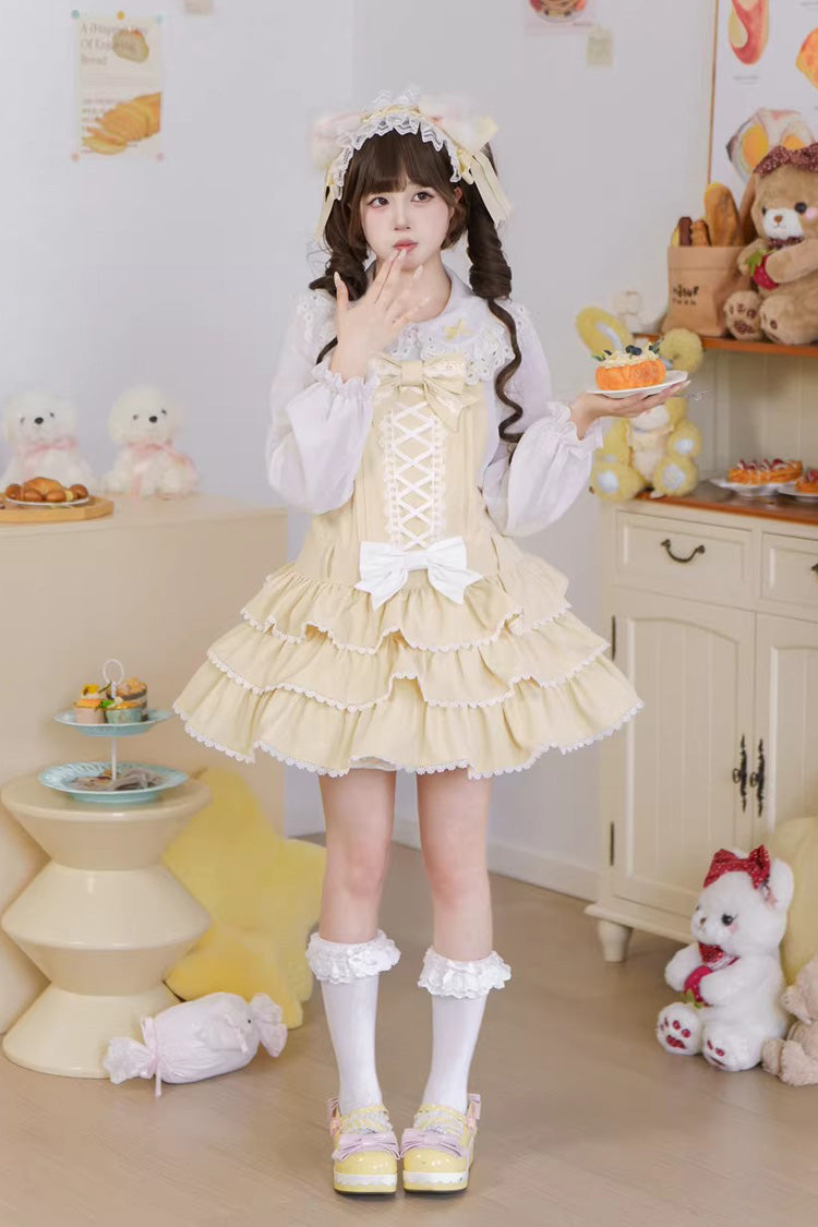 Vintage Cream Puff Sleeveless Triple Ruffle Bow Lace-Up Tiered JSK