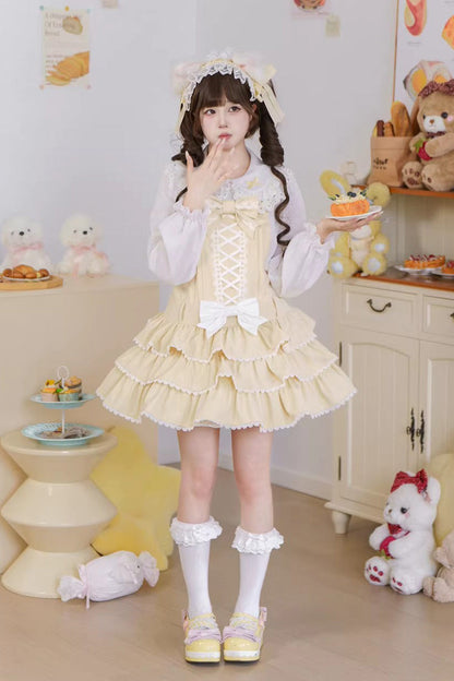 Vintage Cream Puff Sleeveless Triple Ruffle Bow Lace-Up Tiered JSK