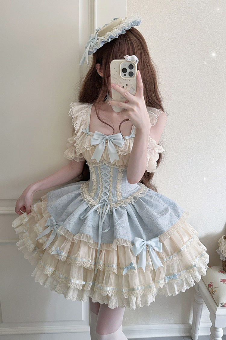 Flory Butterfly Double Ruffle Bow Lace-Up Ballet Lolita JSK