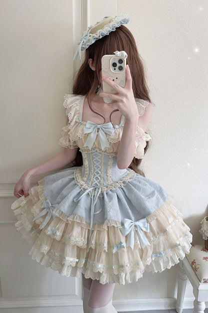 Flory Butterfly Double Ruffle Bow Lace-Up Ballet Lolita JSK
