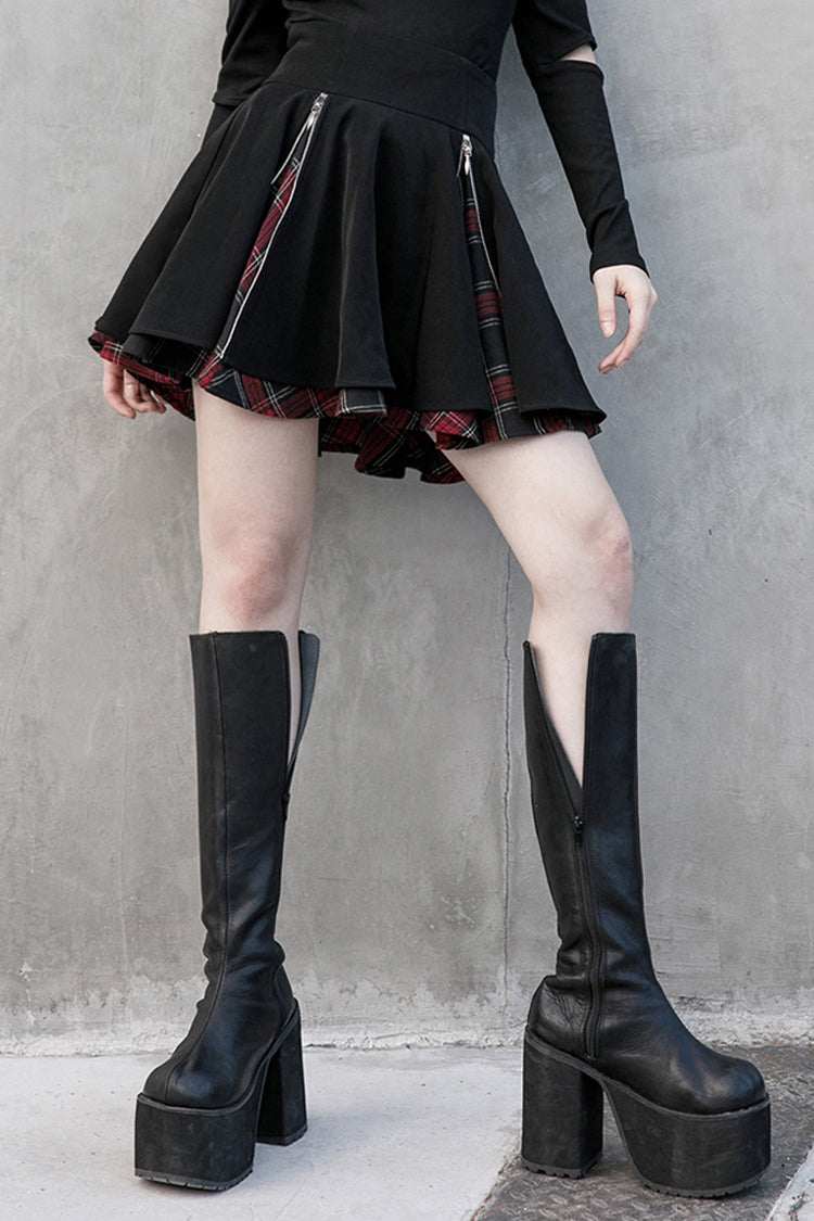Crimson & Obsidian Splice Plaid Metal Zipper Decoration Pleated Punk Skirt