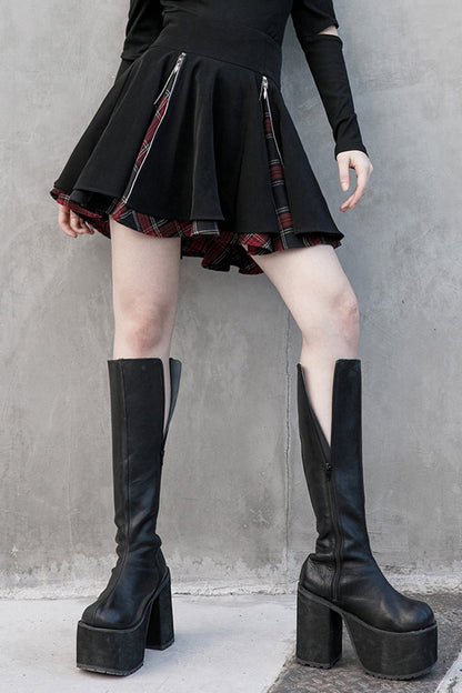 Crimson & Obsidian Splice Plaid Metal Zipper Decoration Pleated Punk Skirt