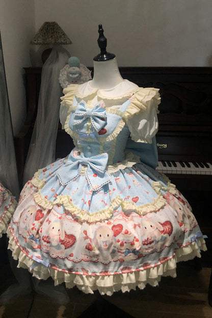 Azure Cute Rabbit Party Sleeveless Double Ruffled Bow Sweet Lolita Jumper Dress