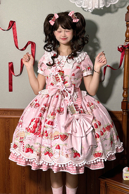 Doll Collar Short Sleeve Print Ruffle Bowknot Sweet Lolita Dress with Strawberry Dessert - 4 Colors