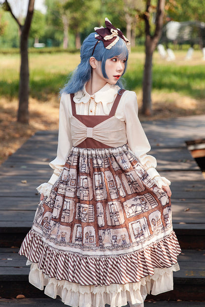 Underground Bear Print Ruffle Bow Sweet Lolita Dress - Brown