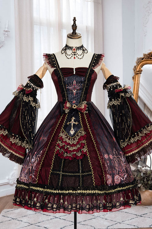 Classic Lolita JSK Dress with Heart Bowknot and Multi-Layer Ruffles in Wine - VintageBride