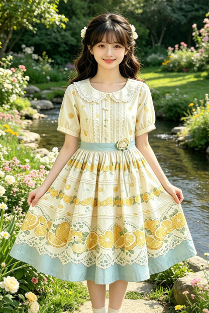 Doll Collar Short Sleeve Lemon Print Plus Size Lolita Dress