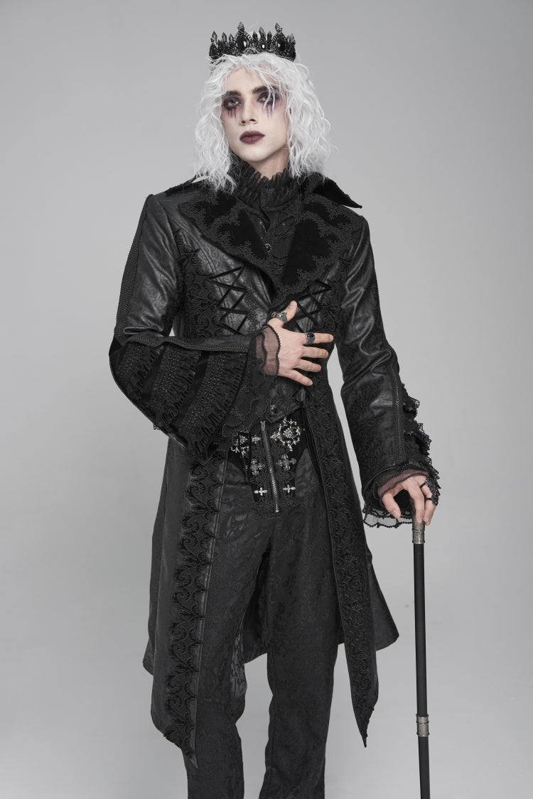 Ebony Flared-Sleeve Floral Crochet Lace-Up Men's Gothic Overcoat
