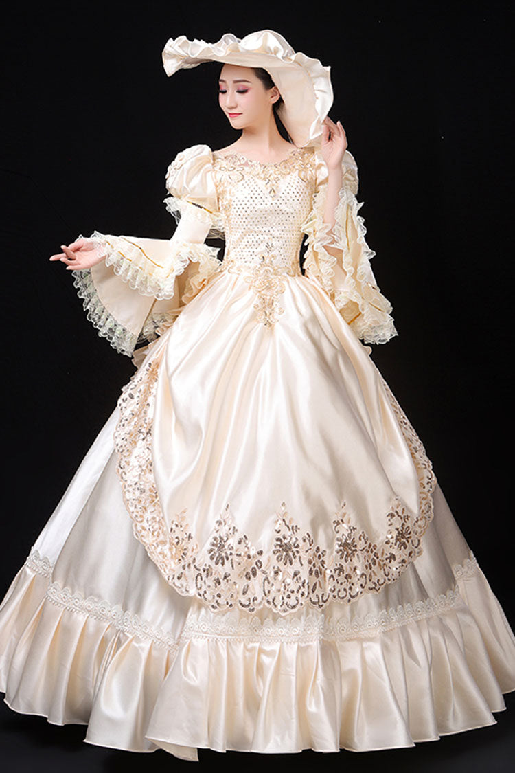 Ivory Court-Style High-Waist Floral Hime Sleeve Victorian Lolita Prom Dress