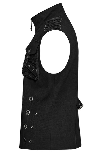 Slim-Fit Black Gothic Vest, Mandarin Collar with Stitch Detailing for Men