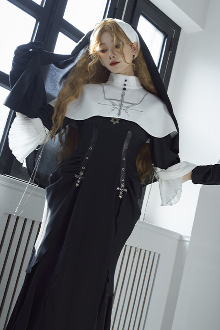 Ebony Short-Sleeve Printed Ruffle Gothic Gown - Halloween Night Temple Nun