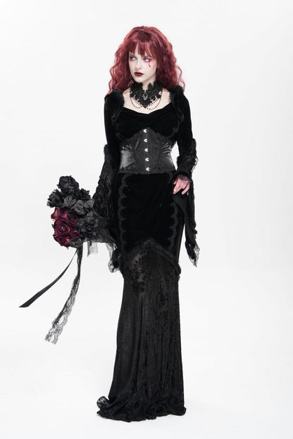 Ebony Flared-Sleeve Embroidered Lace Hooded Sheer Gothic Dress