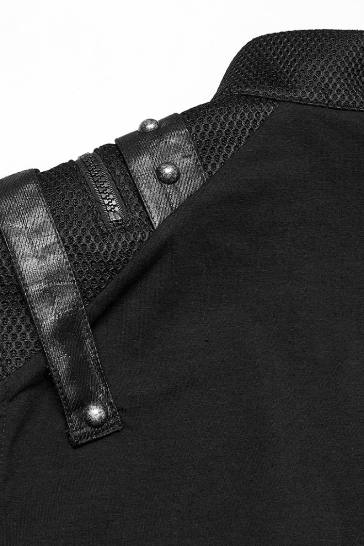 Men's Black Punk Vest, Sleeveless with Mesh, Stitching and Zipper