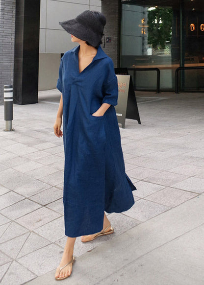 Wrinkled Open Sleeve Side Dress Linen Blue Short