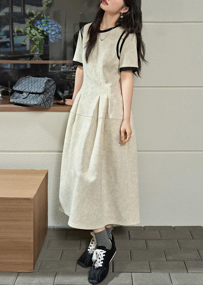 Brief O-Neck Wrinkled Maxi Grey Light Dresses Patchwork Summer