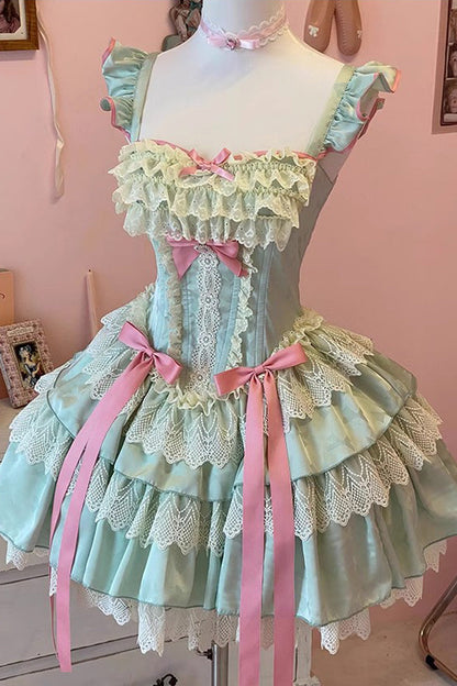 Emerald Mint Multi-Layered Ruffle Bow Lace Ballet Sweet Dress