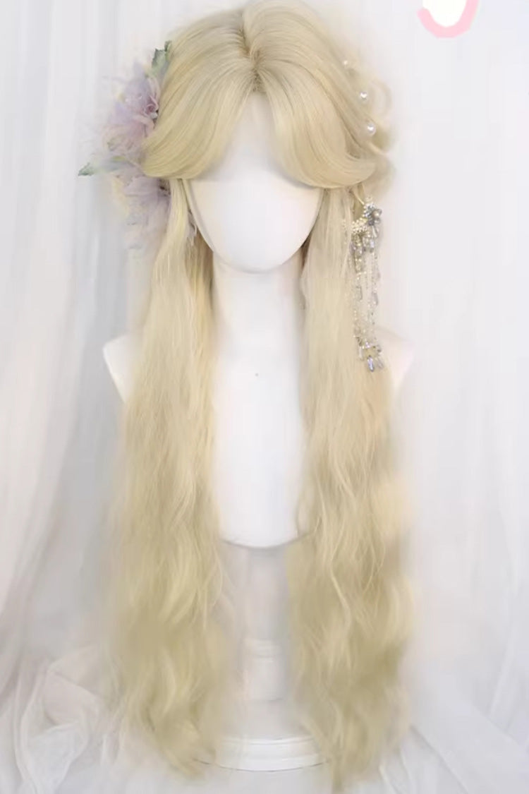 Sweet Lolita Wig with Long Curly Hair & Gold Curtain Bangs, Cream