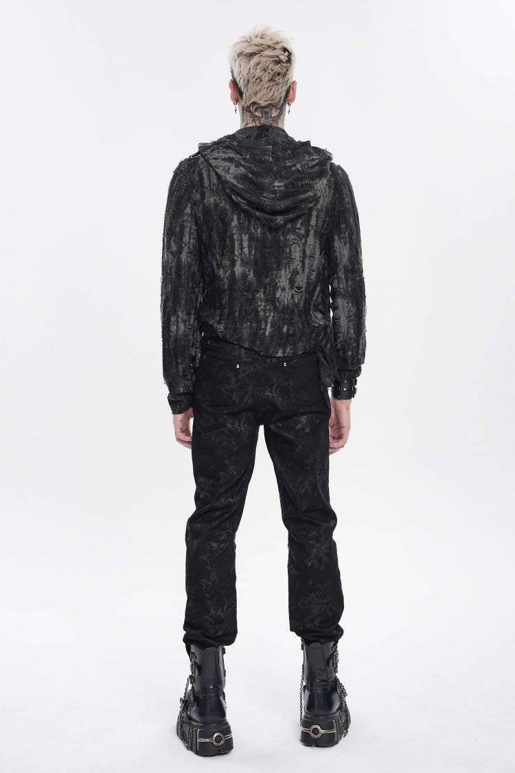 Ebony Long-Sleeve Hooded Sheer Ripped Faux Two-Piece Zip Eyelet Punk Tee