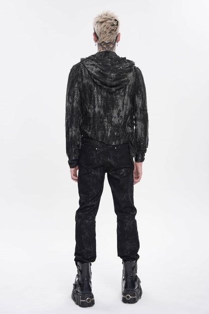 Ebony Long-Sleeve Hooded Sheer Ripped Faux Two-Piece Zip Eyelet Punk Tee