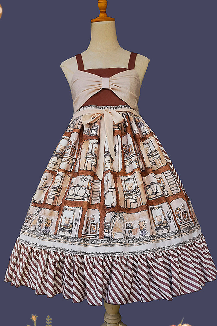 Underground Bear Print Ruffle Bow Sweet Lolita Dress - Brown