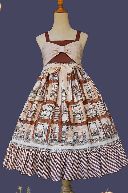 Underground Bear Print Ruffle Bow Sweet Lolita Dress - Brown