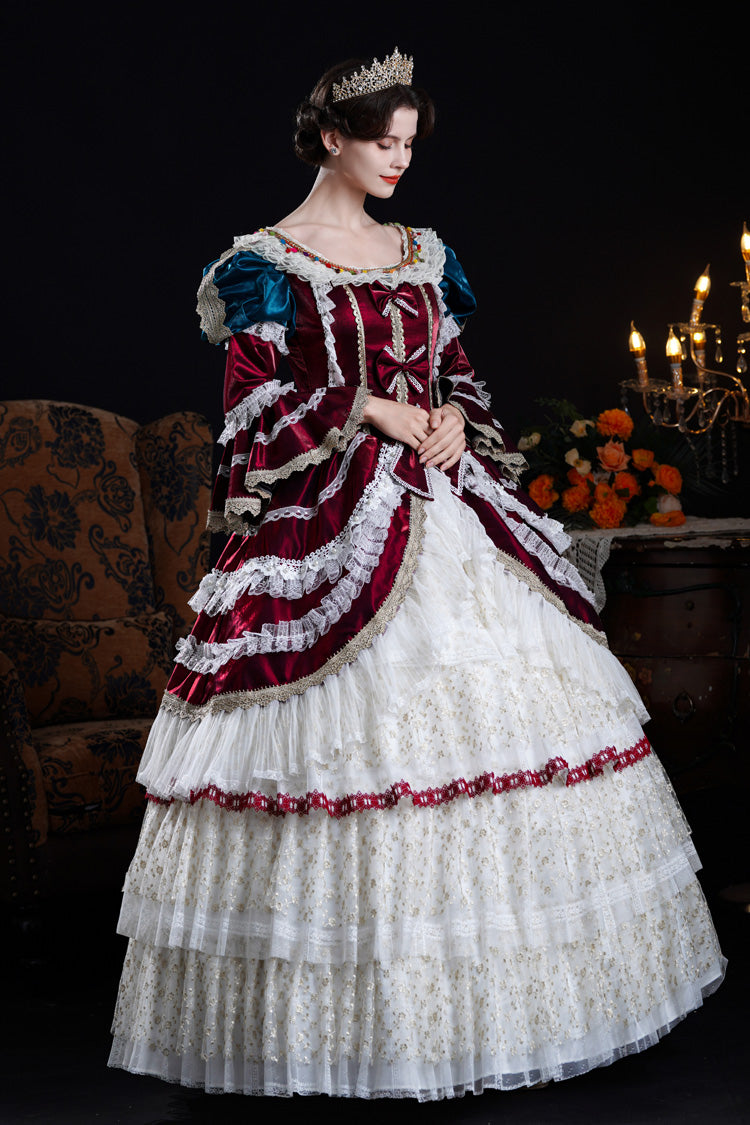 Victorian Palace Dress with Hime Sleeves, Triple Ruffles, and Bow Front in Wine/Ivory - RegalVintage