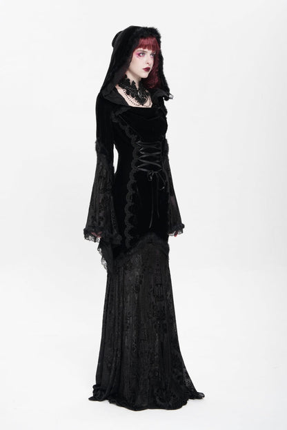 Ebony Flared-Sleeve Embroidered Lace Hooded Sheer Gothic Dress