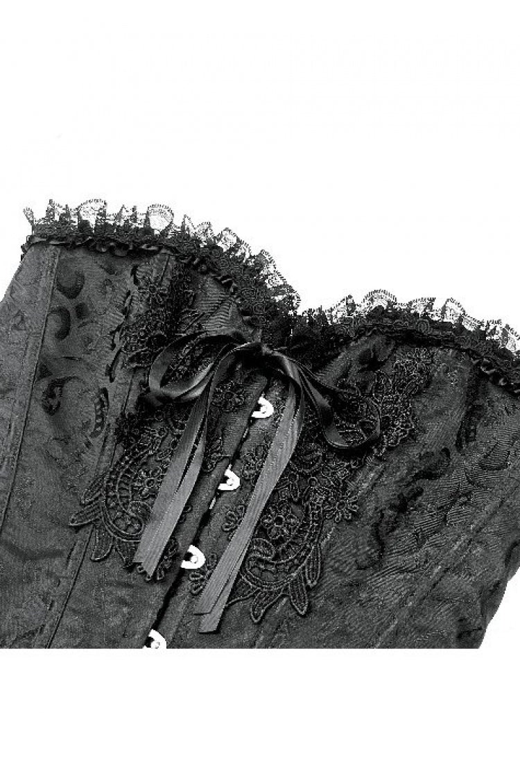 Women's Gothic Overbust Corset with Ruffled Lace and Lace-Up in Black Jacquard