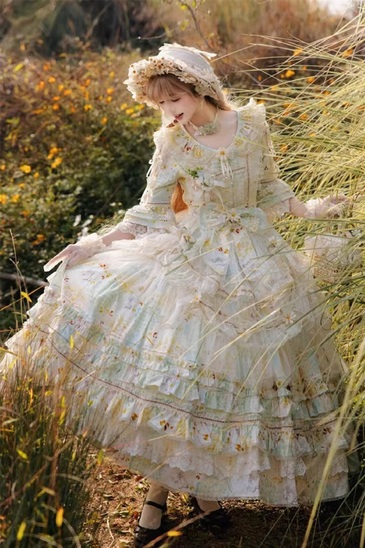 Emerald Daisy Lapel Half-Sleeve Layered Bow Lace Plus-Size Princess Dress