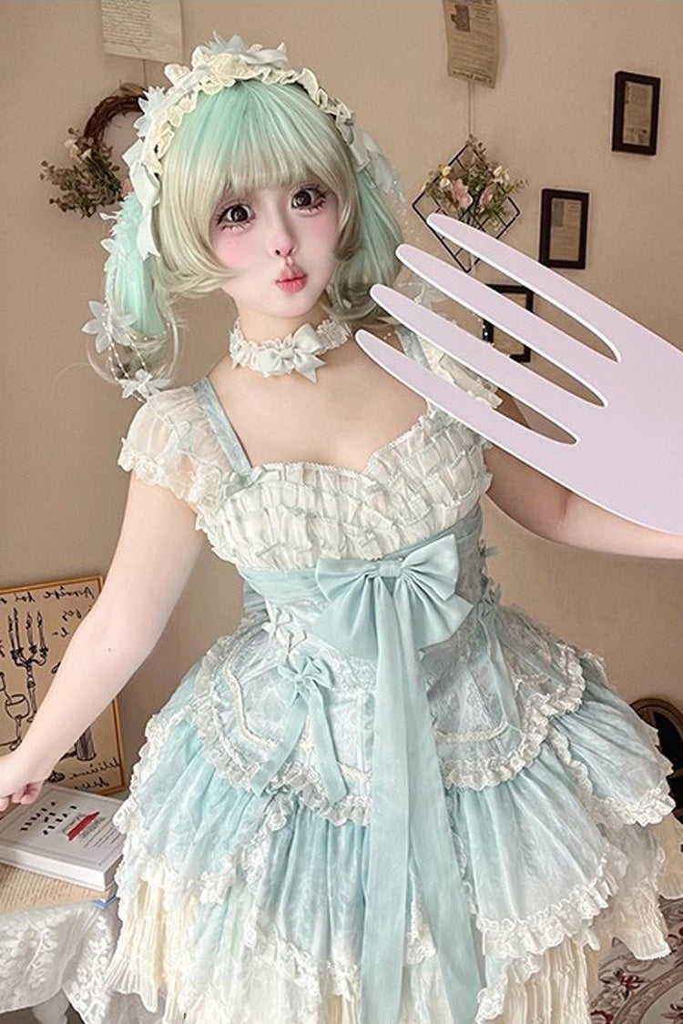 Emerald Short Sleeve Multi-Layer Ruffle Embroidery Bow Lace-Up Sweet Elegant Ballet Lolita Jumper Dress