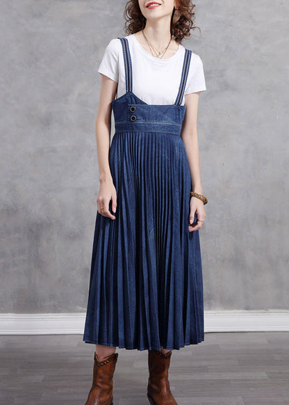 Stylish Blue Patchwork Spaghetti Strap Pleated Denim Dress Summer NN014