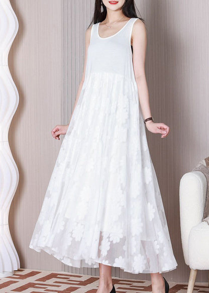 White Tulle Patchwork Cotton Dresses O Neck Summer TT1026