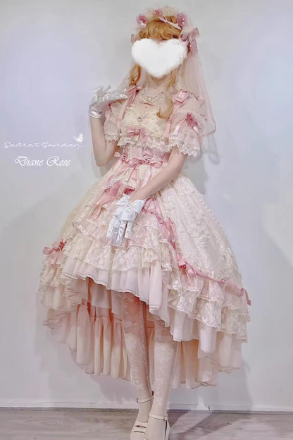 Blush Short Sleeves Jacquard Ruffled Cardigan Lace Dress