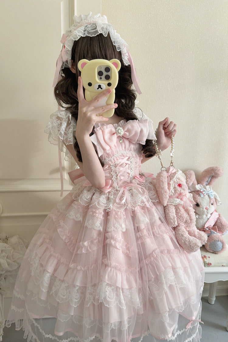 Blush Sleeveless Ruffled Lace-Up JSK with Bow