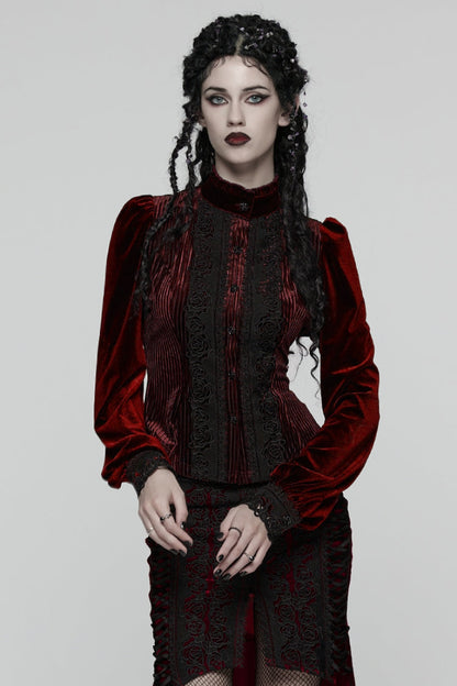 Crimson High-Neck Gothic Floral Lace-Up Blouse with Puffed Sleeves