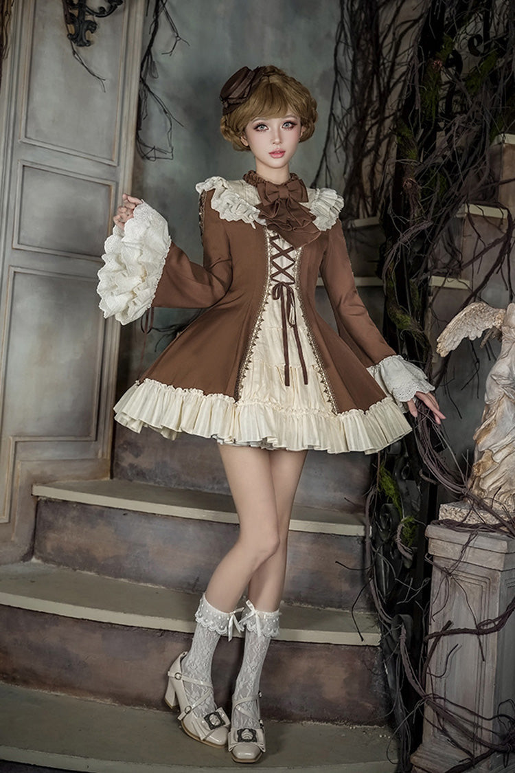 Nutcracker Stand Collar Trumpet Sleeve Lolita Dress Set with Bow - Lace-Up