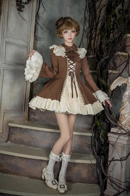 Nutcracker Stand Collar Trumpet Sleeve Lolita Dress Set with Bow - Lace-Up