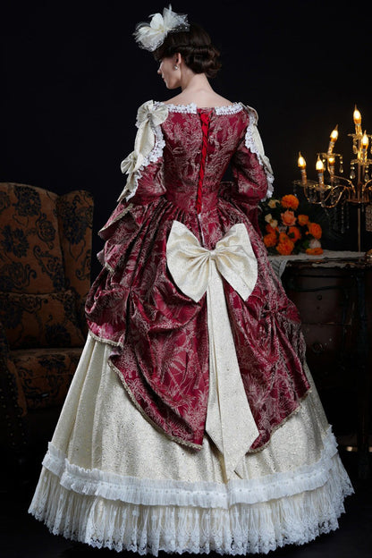 Victorian Palace Dress with Hime Sleeves and Lace-Up Front in Wine/Ivory - NostalgicElegance