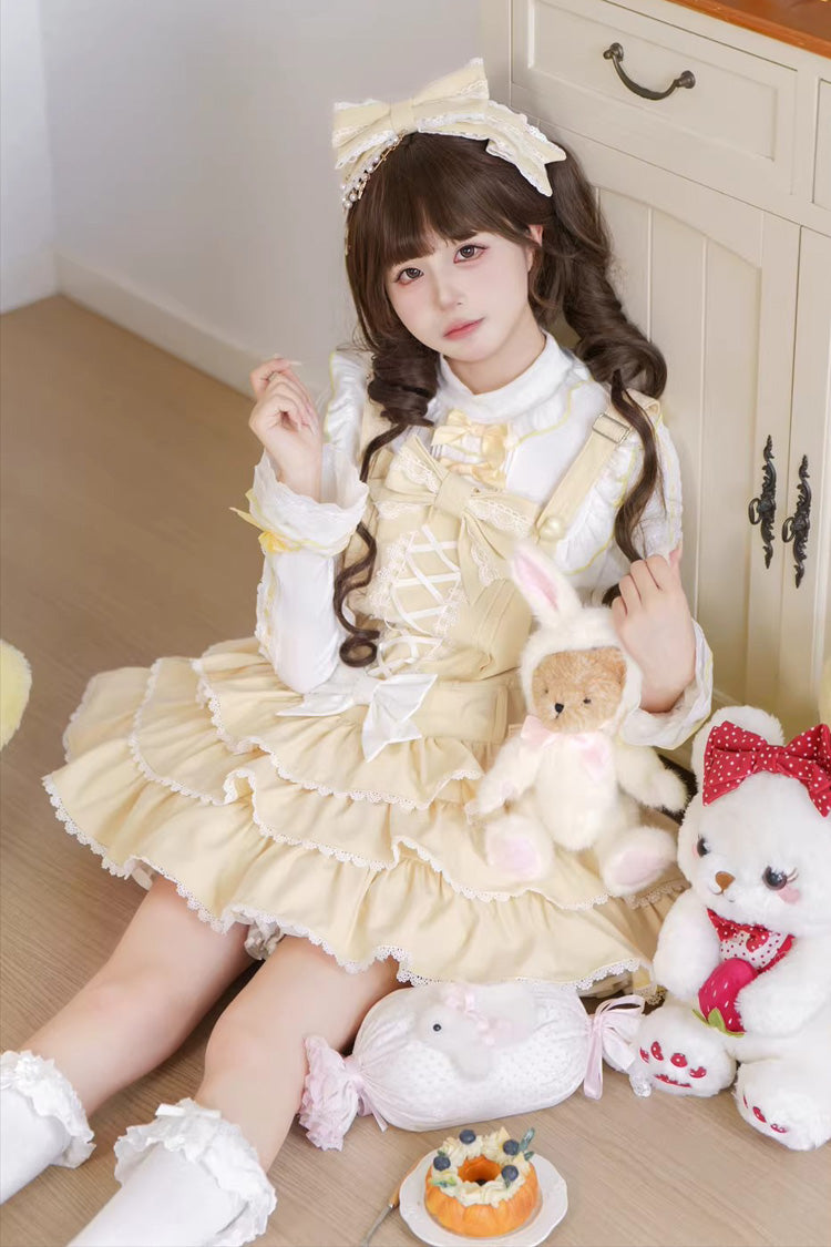 Vintage Cream Puff Sleeveless Triple Ruffle Bow Lace-Up Tiered JSK