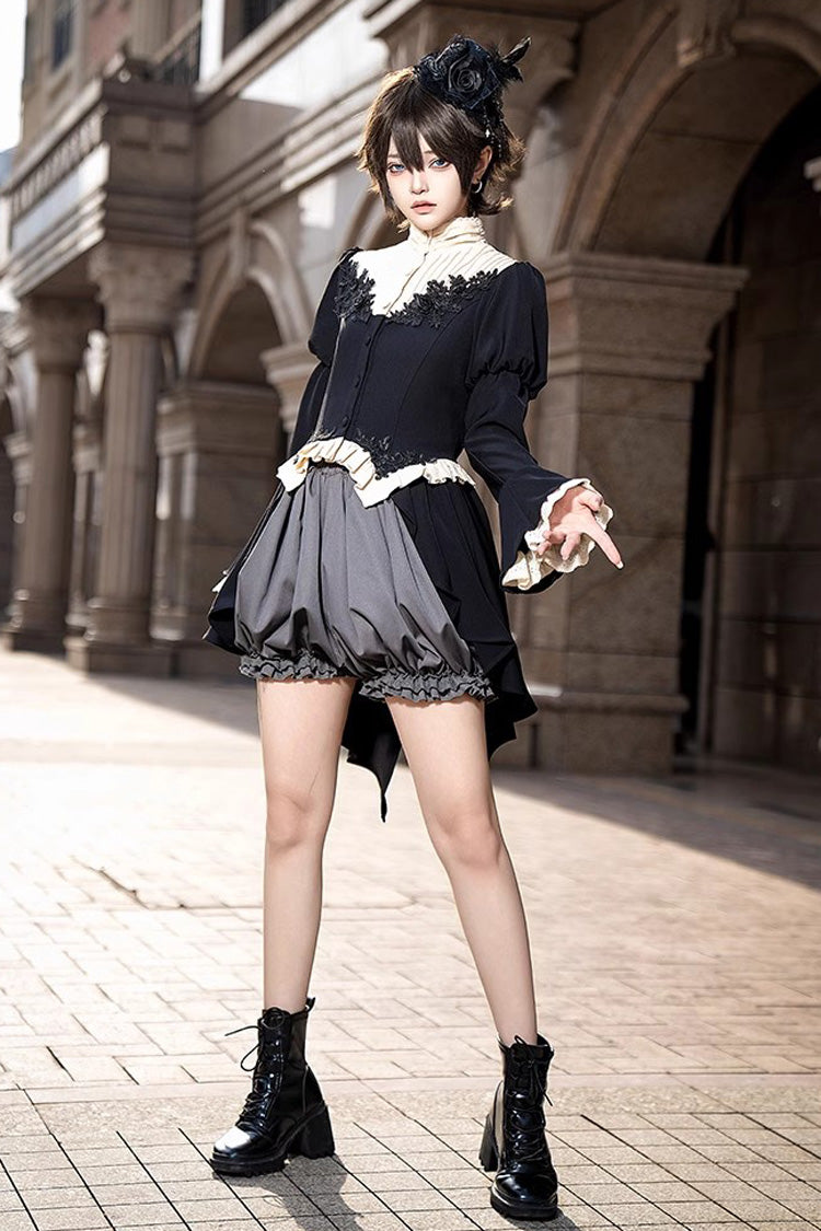 Prince Ouji Lolita Tailcoat Top and Shorts Set with Long Sleeves in Black