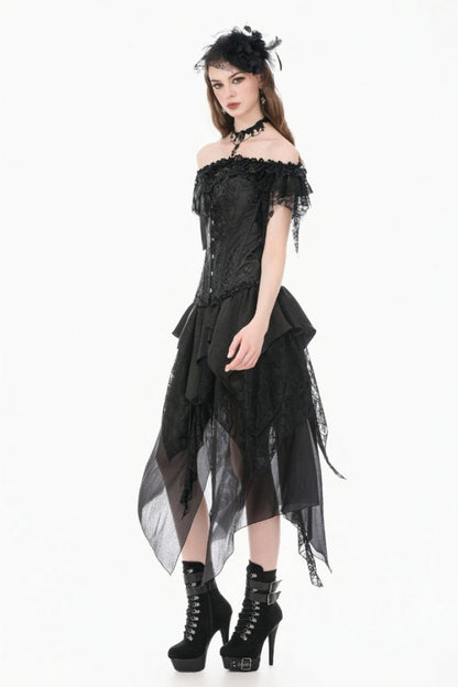 Women's Gothic Overbust Corset with Ruffled Lace and Lace-Up in Black Jacquard